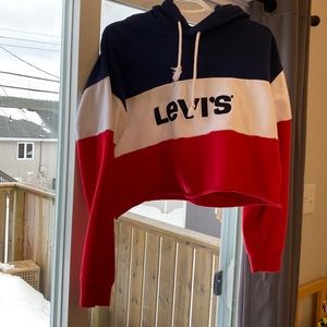Levi’s Cropped Hoodie— Navy, White, and Red.